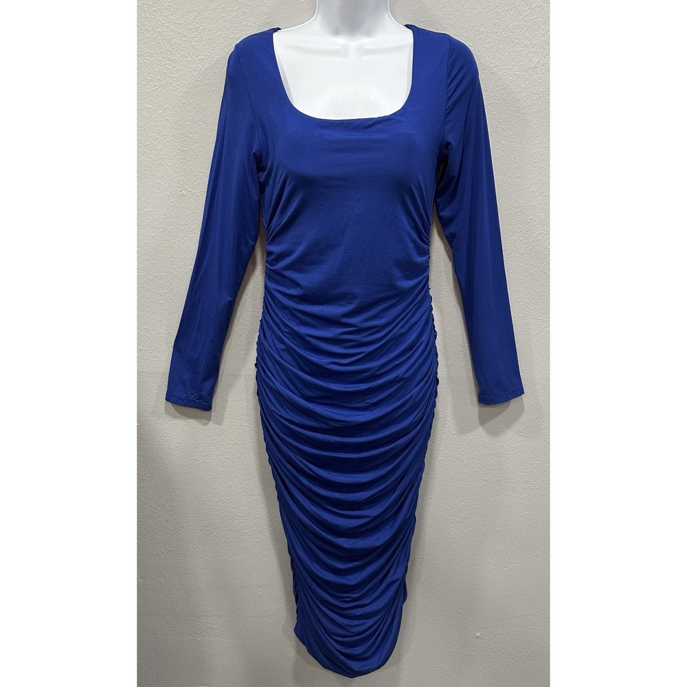 Shapellx Ruched Bodycon Dress Women's Large Royal Blue Long Sleeves Stretch NWT